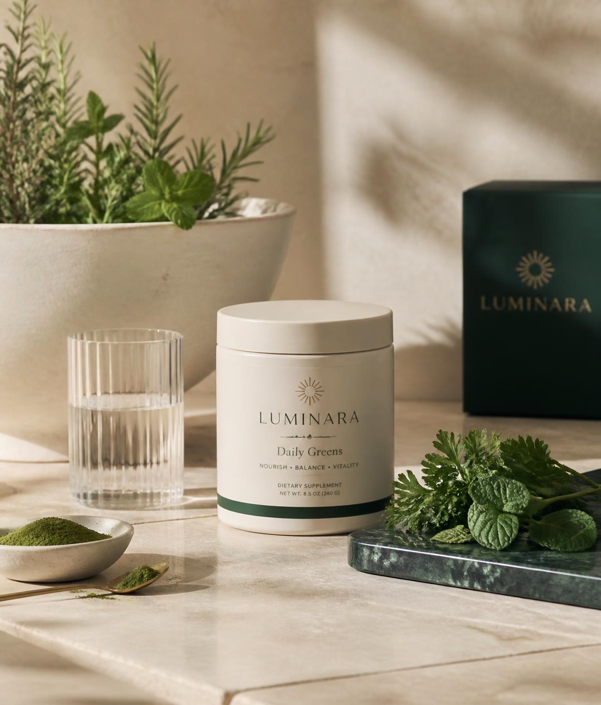 Wellness products styled on a warm stone surface